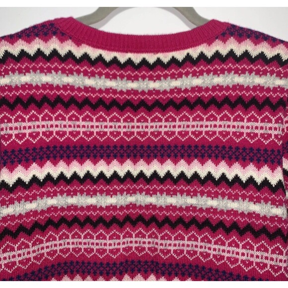 Talbots Fair Isle Lambswool Blend Cardigan Sweater Womens L Pink Wht Blk Button - Picture 5 of 7